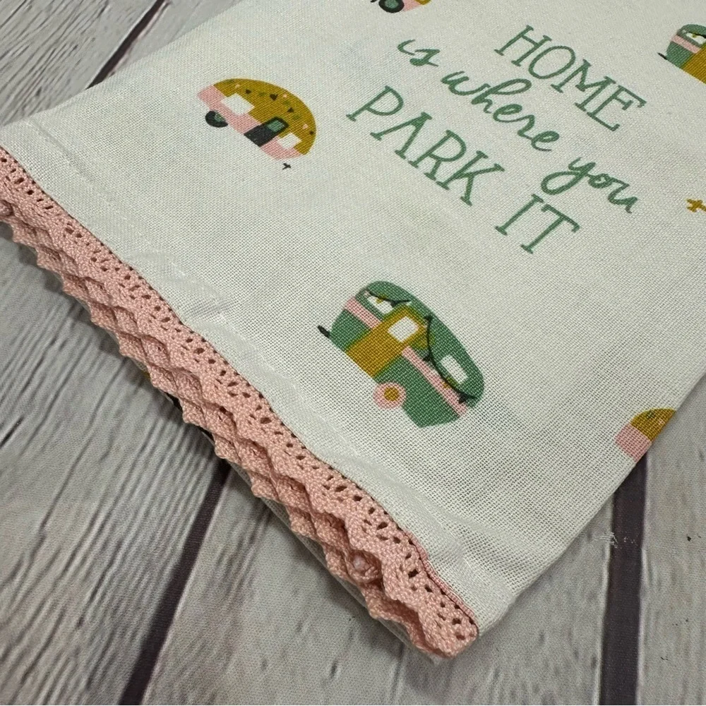 NWT karma Camper Print Tea Towel with Pink Trim 100% cotton boho coquette